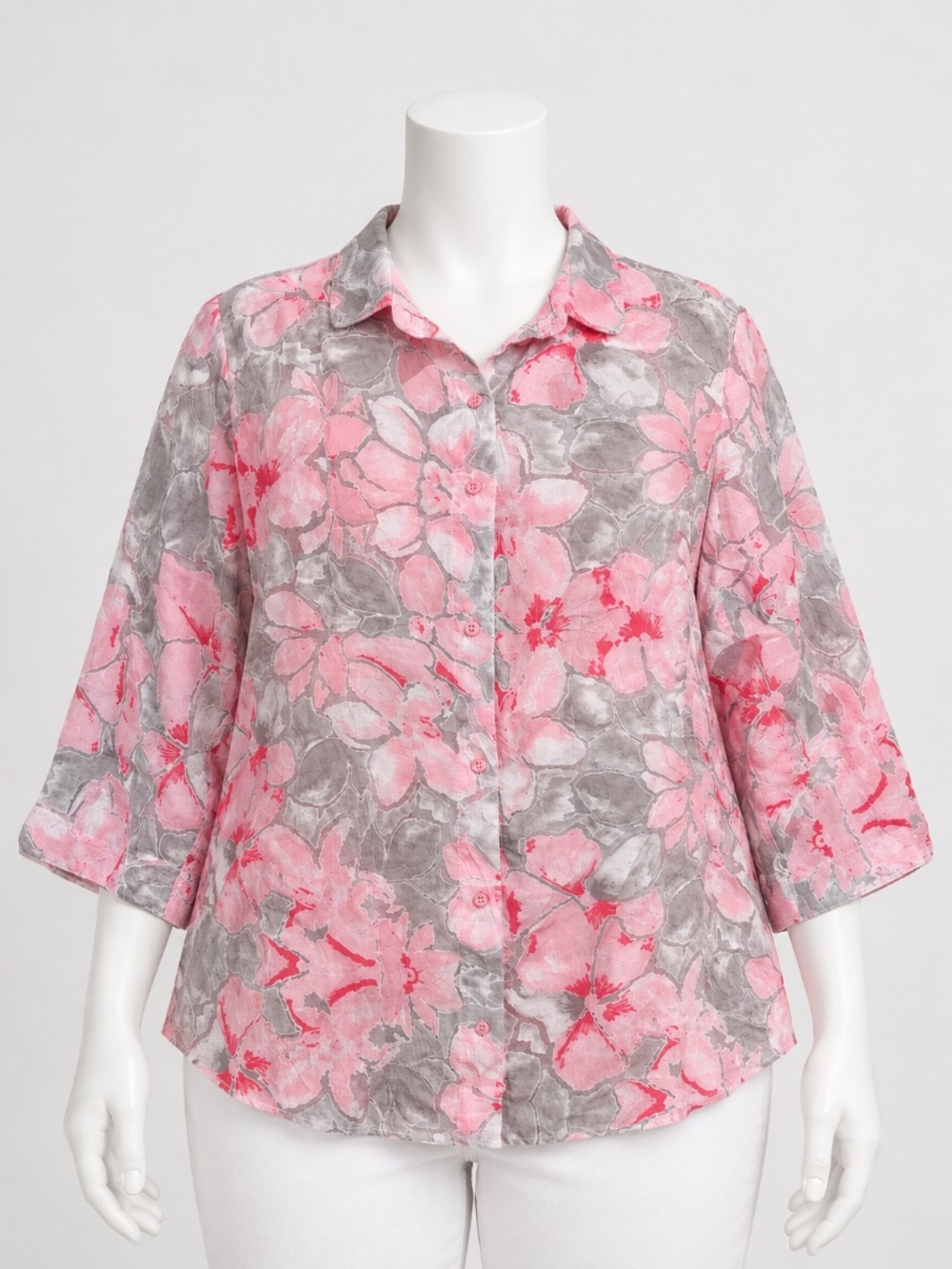 Allison Daley Womens Pink and Gray Floral Semi-Sheer Button-Down Shirt Size 1X
